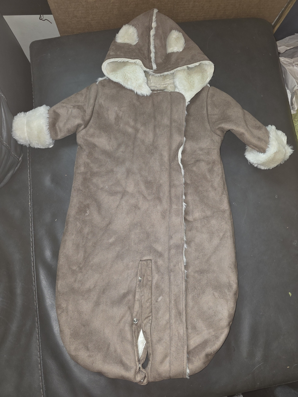 Baby Gap Brown Faux Suede Sherpa Lined Teddy Bear Bunting Snowsuit 12-18M